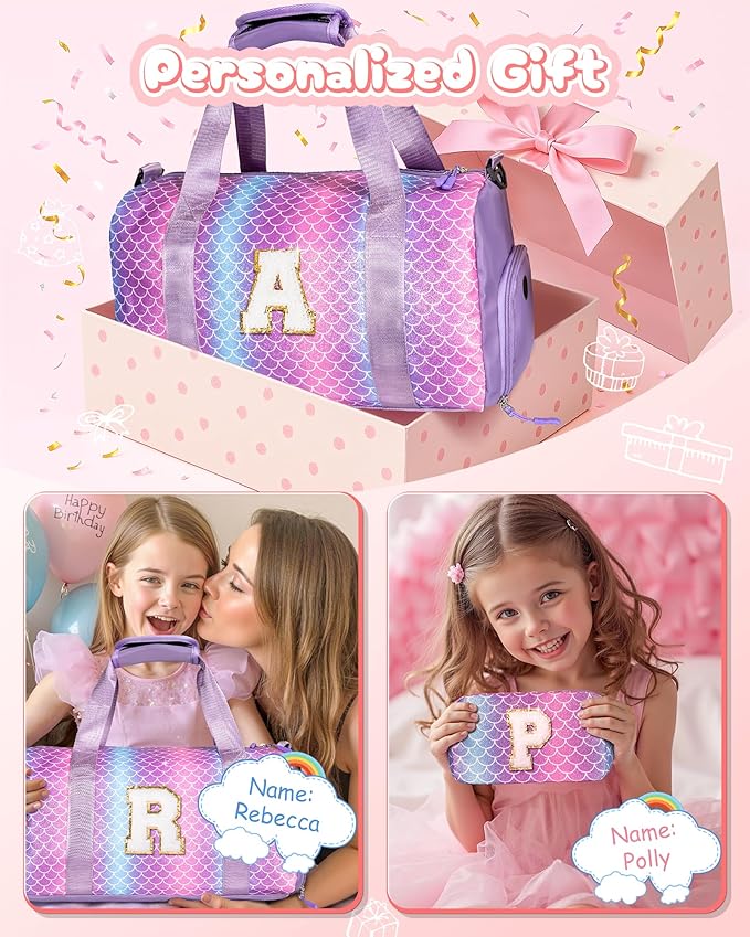 Gifts for Niece-Girl Gym Bag with Shoe Compartment, Kid Personalized Weekender Overnight Bags, Initial Travel Tote with Makeup Pouch, Birthday Gift for Sister Granddaughter (Letter J)