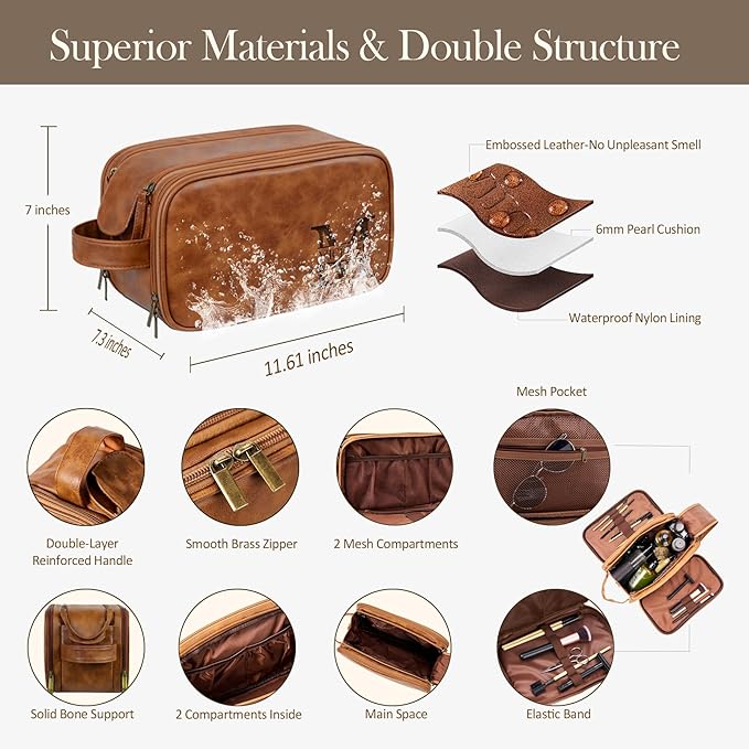 Personalized Leather Toiletry Bag for Men - Double Layer Reinforced Handle,Large Water Resistant Shaving Dopp Kit,Travel Essential,Wedding Groomsmen Gift