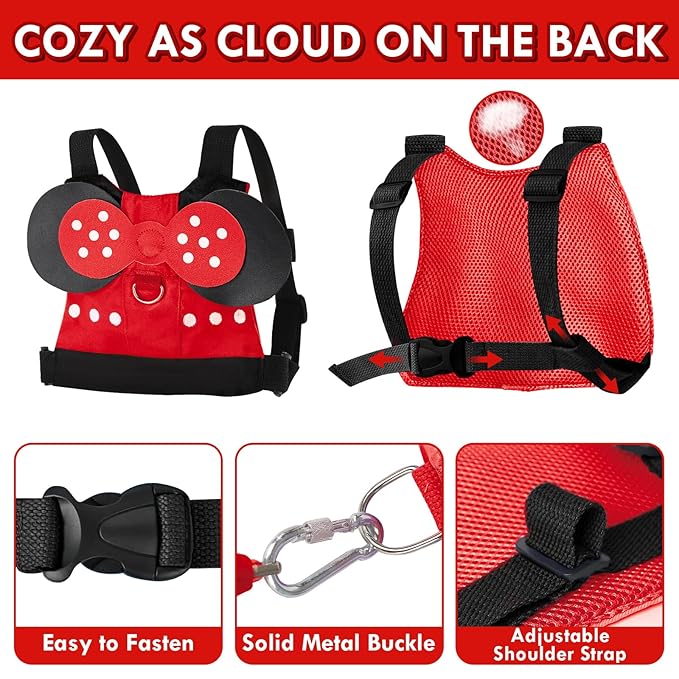 Lehoo Castle Toddler Leash for 1-5 Years, Baby Safety Harness for Girls with Anti-Lost Key Lock & Adjustable Strap, 3-in-1 Wrist Leash and Kids Backpack Harness for Walking Travel (Red Minnie Mouse)