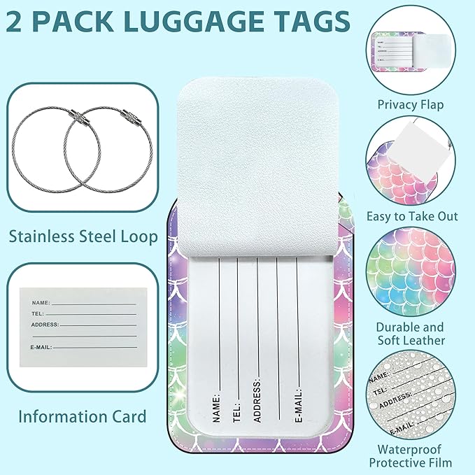 Tie-dye Fish Scale Luggage Tag for Suitcase Set of 2 PU Leather Cute Luggage Tags with Stainless Metal Loop ID Label Privacy Flap Suitcase Tags for Women and Men Travel