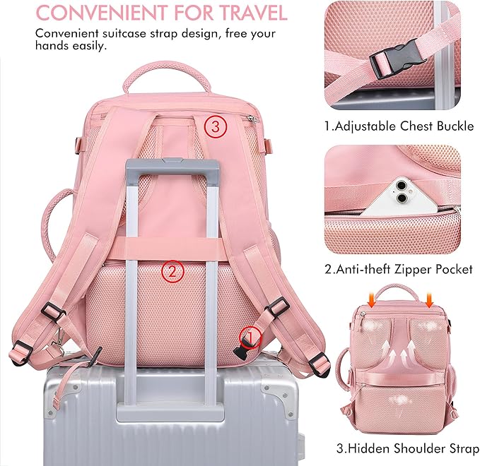 Beraliy Large Travel Backpack for Women, Personal Item Bag Airline Approved, Carry On Luggage, 17 inch Laptop Backpack, Waterproof Backpack, Hiking Backpack, Pink