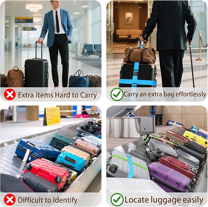 BILIONE 3Pcs Luggage Straps Set - 2 Suitcase Straps 70'' Long and 1 Add A Bag Strap, Adjustable Luggage Identifiers Nylon Travel Belt