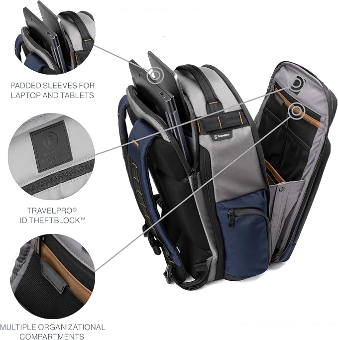 Travelpro Altitude Large Expandable Travel Laptop Backpack 30-36L, 16 Inch Laptop, Water Resistant, Work, Business, Men and Women, Stellar Navy/Grey