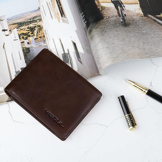 VISOUL Mens Bifold Leather RFID Blocking Wallet with 2 ID Windows, Soft Genuine Leather Card Holder Wallet with 2 Cash Compartments for Men (Coffee)