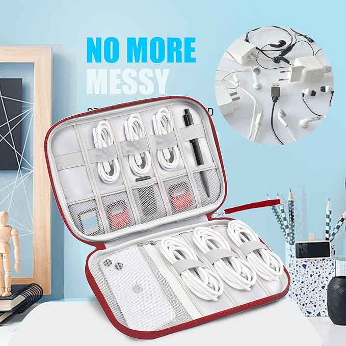 Travel Cable Organizer Bag, Electronics Organizer Tech Pouch with Double Layers for Cords, Chargers, Phone, Earphones, USBs, SD Cards - Travel Essentials Portable Waterproof Tech Pouch