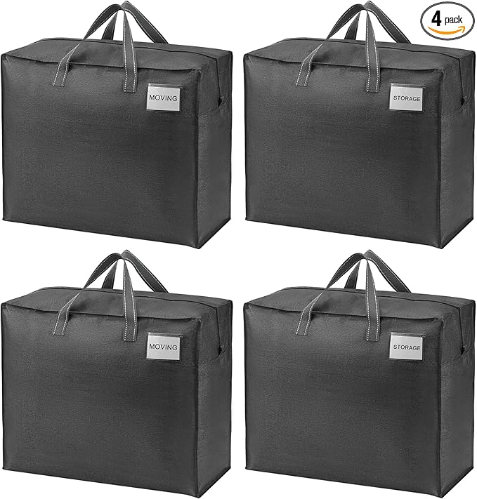 VENO 4 Pack Heavy Duty Moving Bags, Storage Bags, Packing Supplies, Top Zipper, Storage Totes for Camping, Clothes, Bedding, Comforters, Pillows (22 Gallon Dark Gray, 4 Pack)