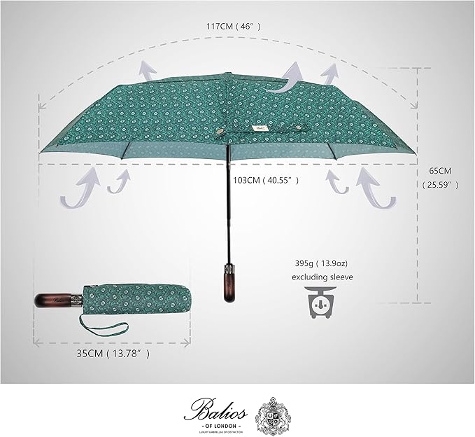 Balios Travel Folding Umbrella with Real Wood Handle Auto Open Close Vented Windproof Canopy - Designed in UK