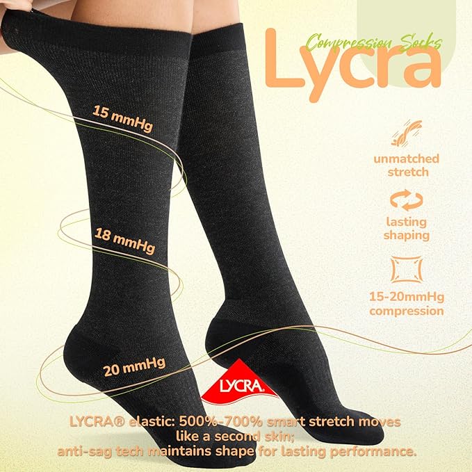 Merino Wool Compression Socks for Women Men, 15-20 mmHg Knee High Socks for Flying, Travel, Running