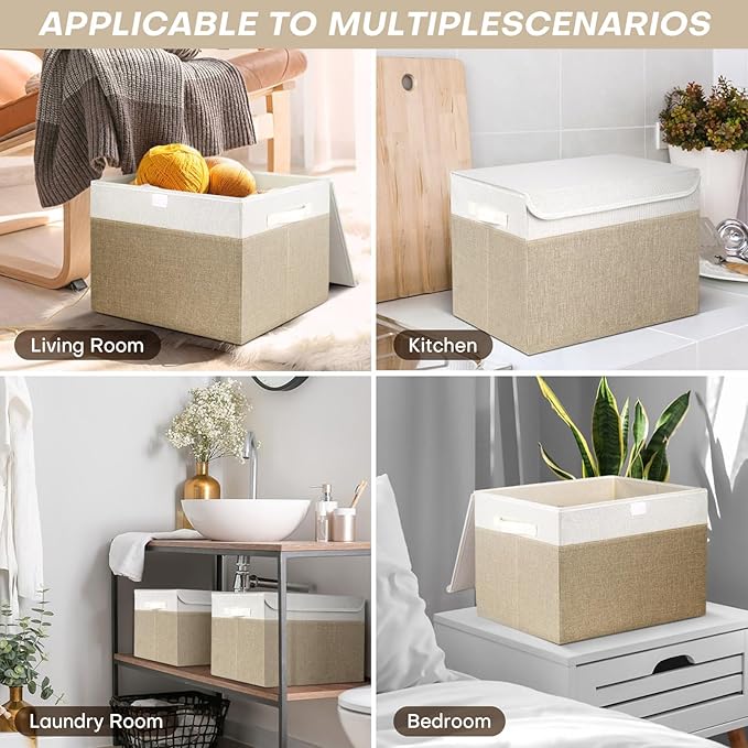 Large 17" 42 Quarts Collapsible Stackable Storage Bins with Lids [3-Pack] Foldable Fabric Linen Storage Boxes Cube, Closet Organizer Baskets with Label (16.7 x 12 x 12, Beige & White)