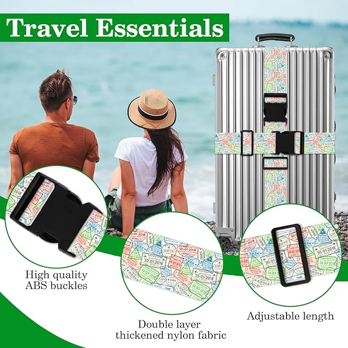 Luggage Straps for Suitcases TSA Approved, Luggage Identifiers for Suitcase, Adjustable Suitcase Strap for Baggage Security with Cute Patten, Travel Necessary Accessories (Travel Stamps)