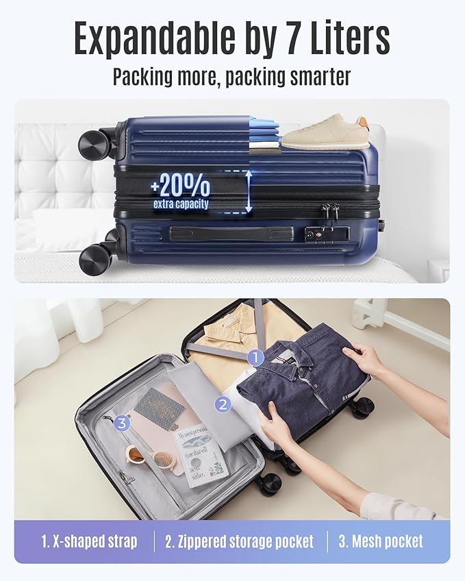 LIGHT FLIGHT Carry On Luggage 22x14x9 Airline Approved, Durable Hard Shell Carry On Suitcases with Wheels, Expandable Hardside Lightweight Travel Luggage with TSA Lock 20 Inch Carry on, Navy Blue