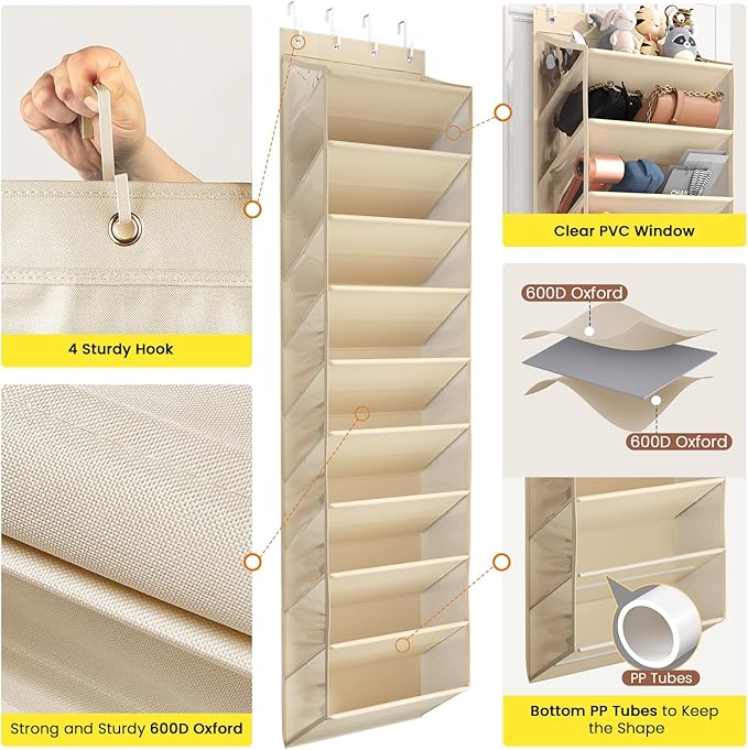 Over the Door Shoe Organizer for Closet, Shoes Rack with 10 Tier PVC Window Deep Pockets, Hanging Shoe Organizers for Boot Storage, Behind the Door Narrow Shoe Holder for Small Shoes, Beige