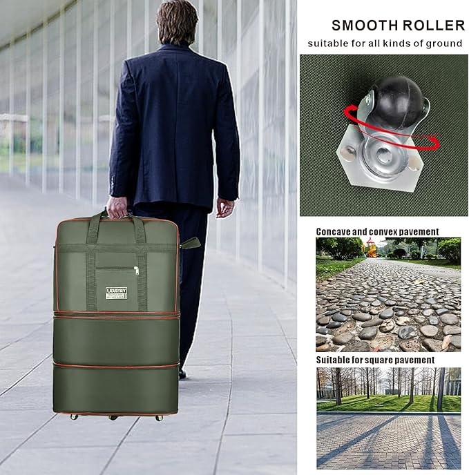 Expandable Large Capacity Travel Bag Oxford Cloth Duffel Bag with Wheels Lightweight Waterproof Travel Foldable Suitcase(ArmyGreen)