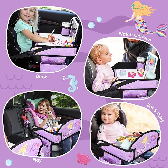 Kids Travel Tray for Airplane - Toddler Car Seat Table Tray, Road Trip Essentials for Boys & Girls, Carseat Lap Desk for Kids Road Trip Activities (Purple Mermaid)