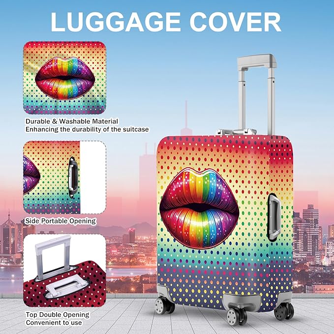 ANNA QUEEN Pop Art Rainbow Lips Luggage Cover, Colorful Suitcase Protector with Bold Lip Design, Stretchable, Washable Travel Cover for 24-26 Inch Luggage, Fun & Fashionable Style