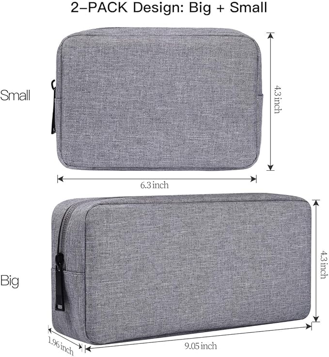Portable Electronics Accessories Storage Bag, 2PCS Big + Small Carrying Case Travel Cable Organizer Cosmetic Bag Pouch Compatible Hard Drive, Power Bank, Mouse, Laptop Charger, Cellphone, Gray