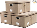 PRANDOM Storage Bins with Lids [3-Pack] Jute Fabric Foldable Storage Boxes Organizer Containers Baskets Cube with Cover for Home Bedroom Closet Office Nursery khaki（23.4X15.9X11.5