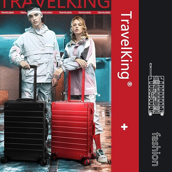 TRAVELKING All Aluminum Carry On Luggage with TSA Locks Zipperless Alloy Metal Hard Shell Spinner Suitcase (Black, 20 Inch)