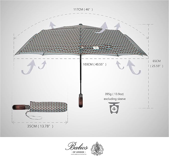 Balios Travel Folding Umbrella with Real Wood Handle Auto Open Close Vented Windproof Canopy - Designed in UK