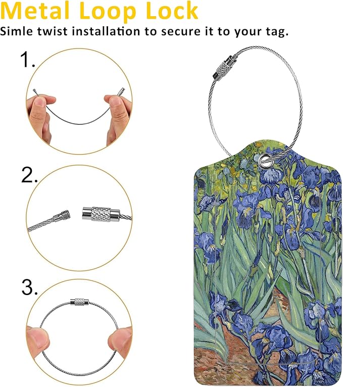 Luggage Tags for Suitcase,2 Pack Irises Vincent Van Gogh Luggage Tag with Privacy Flap,Name ID Label and Metal Loop for Women Men Girls Baggage Bag Backpack Instrument