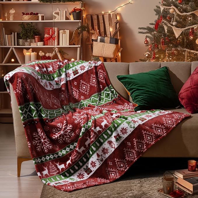 PHF Printed Fleece Throw Blanket, No Shed No Pilling Ultra Soft Plush Cozy Xmas Prints Theme Home Décor Flannel Blanket for Bed, Sofa, Couch and Gift, 50" x 60", Retro Christmas