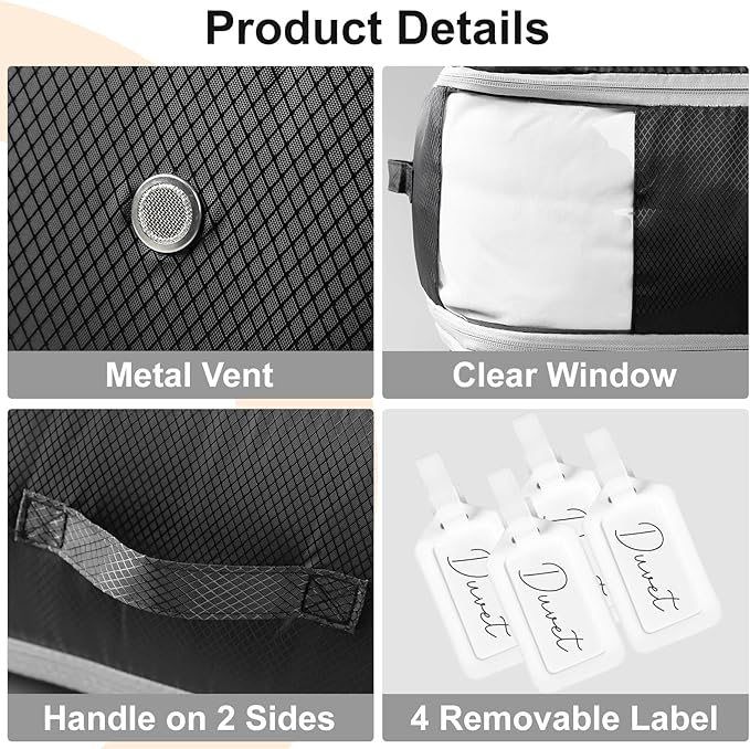 Comforter Storage Bag - Large Capacity Blanket Storage Bags 3-Layer Ultra Space Saving Self Compression Organizer, Washable Compression Bags for Storage Comforter Blanket, 4-Pack, Black