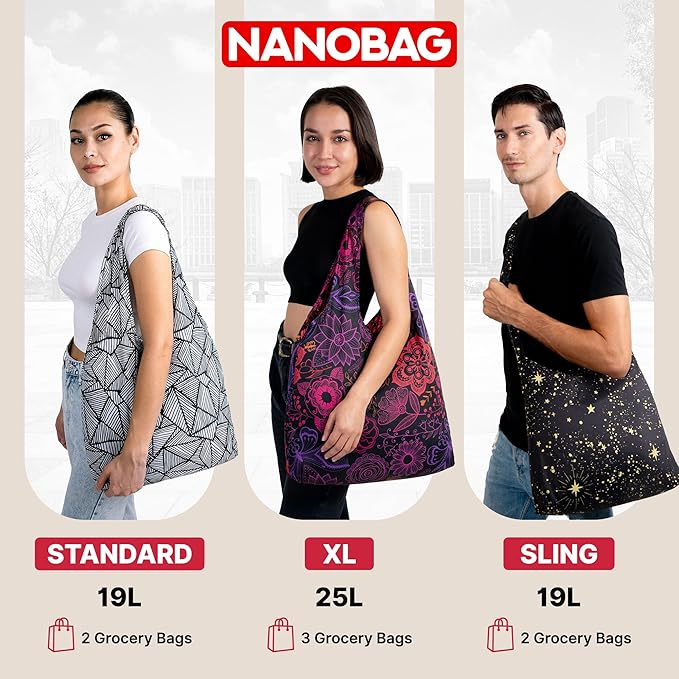 Nanobag Ultra-Lightweight Foldable Tote for Women & Men, Reusable Grocery & Travel Bag, Packable Collapsible Compact Market Essential (Standard Sketch)