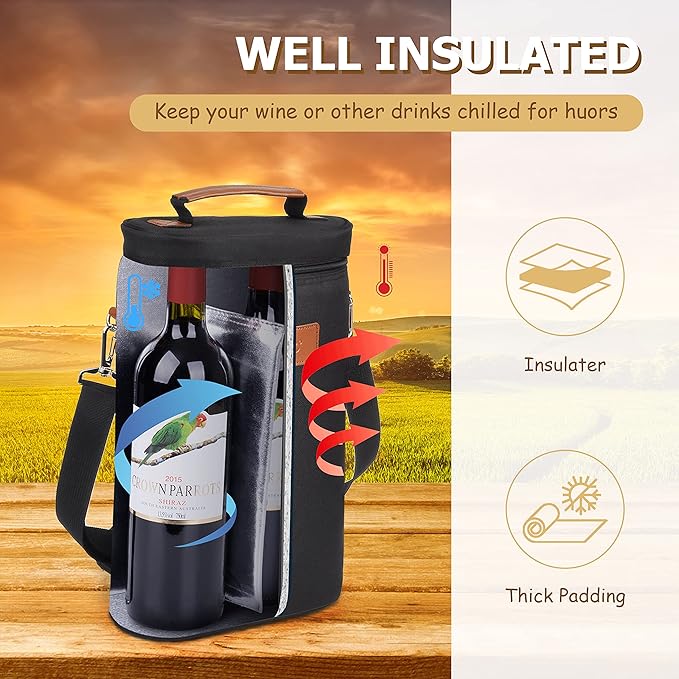 Tirrinia 2 Bottle Leakproof Insulated Wine Tote Carrier Bag - Padded Cooler for Travel, Restaurants, Tasting, Parties, Great Gift for Wine Lovers