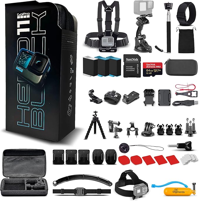 GoPro HERO11 (Hero 11) Black - Waterproof Action Camera with 5.3K Video, 27MP Photos, 1/1.9" Sensor, Live Streaming, Webcam, Stabilization + 64GB Card, 50 Piece Accessory Kit and 2 Extra Batteries