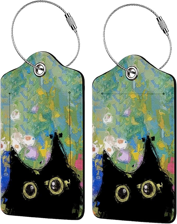 Oil Painting Black Cat 2 Pcs Luggage Tags,Privacy Cover ID Label with Stainless Steel Loop and Address Card for Travel Bag Suitcase