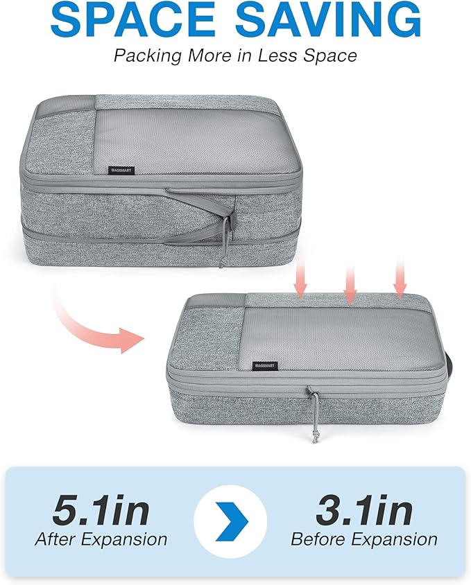 BAGSMART Compression Packing Cubes for Travel, 6 Set Travel Packing Cubes for Carry on Suitcases, Compression Travel Cubes & Suitcase Organizer for Packing with Shoe Bag Grey