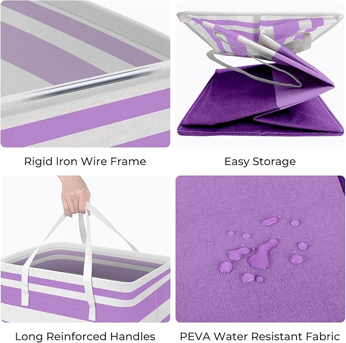 HomeHacks 2 Pack Large Laundry Baskets, Waterproof, Freestanding Laundry Hampers, Collapsible Clothes Hamper with Reinforced Handles in Laundry, College Dorm, Bathroom, Bedroom (Purple, 75Lx2)