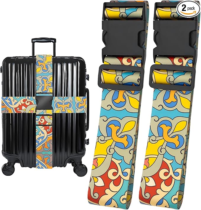 Totem Flowers Luggage Straps for Suitcases, Adjustable Luggage Travel Belt to Keep Luggage Security While Travel, Strong Polyester Fabric, Easy-to-Recognize Cute Pattern Travel Essentials, 2 Pack