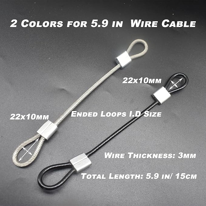 20 pcs 6 inch (15cm) 3mm Thickness Stainless Steel Wire Cable with Loops Vinyl Cover Coated Short Rope Lanyard Lock Safety Tether Chains, Black
