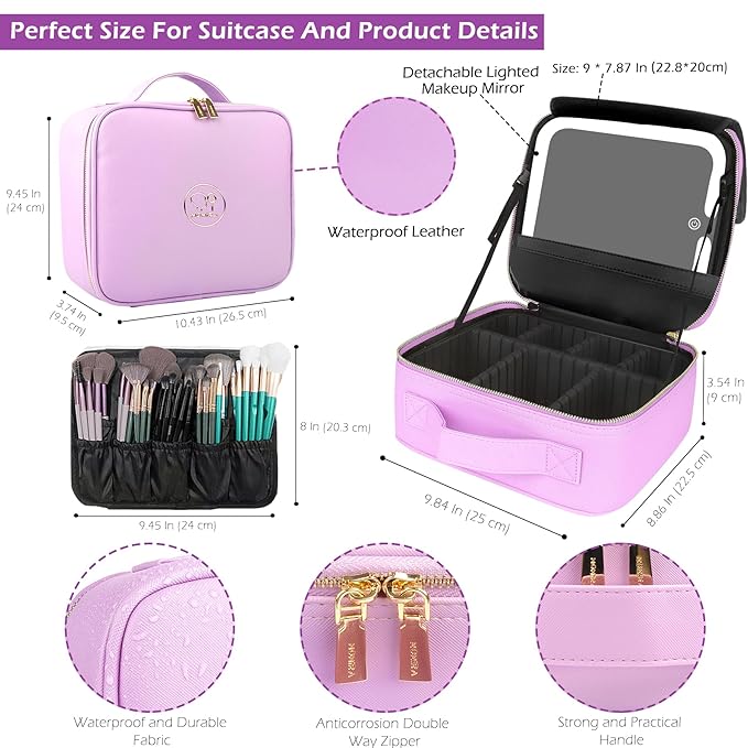 MOMIRA Travel Makeup Bag Cosmetic Bag Makeup Organizer Bag with Lighted Mirror, Adjustable Brightness in 3 Color Scenarios, Waterproof Makeup Train Case, Gift for Women - Purple