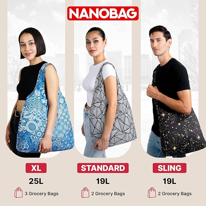 Nanobag Ultra-Lightweight Heavy Duty Foldable Tote for Women & Men, Reusable Grocery & Travel Bag, Packable Collapsible Compact Market Essential (XL Grove)