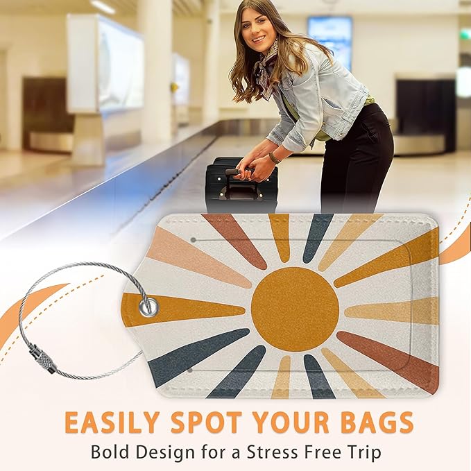Boho Color Sunburst PU Leather Luggage Tags for Suitcase, Abstract Desert Travel Cruise 3 Pack with Privacy Flap, Name ID Label and Metal Loop for Women Men Girls Baggage Bag Backpack