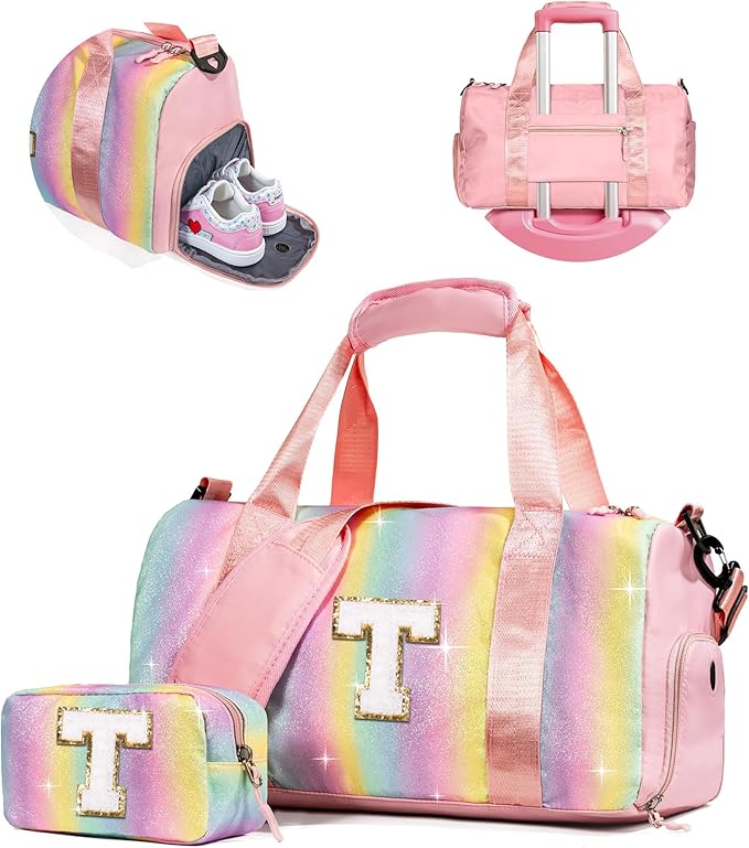 Easter Gifts for Teens Girls-Girl Gym Bag with Shoe Compartment, Kid Personalized Weekender Overnight Bags, Initial Travel Tote with Makeup Pouch, Gift for 3 4 5 6 7 Year Old Kids (Letter T)