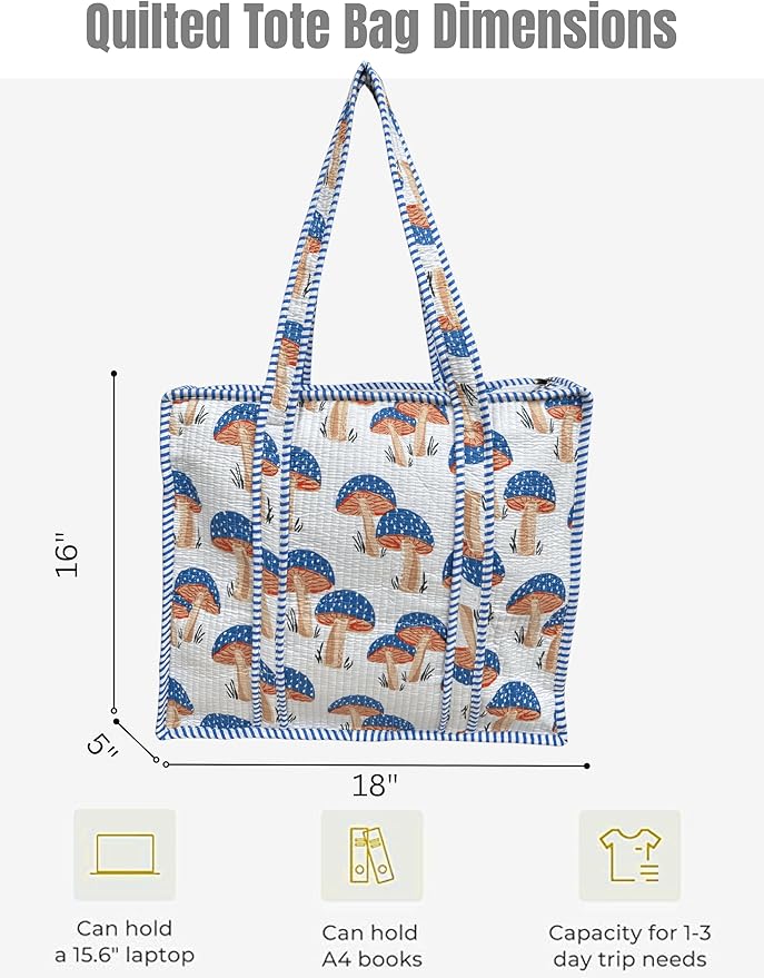 Cotton Quilted Tote Bag for Women – Large Beach & Travel Tote with Zipper, Reusable Grocery Bag