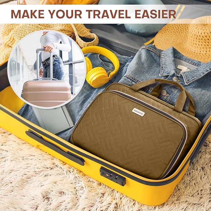 Toiletry Bag for Women with Jewelry Organizer Compartment, Travel Makeup Cosmetic Bag with Hanging Hook for Full-sized Toiletries, Shampoo - Brown