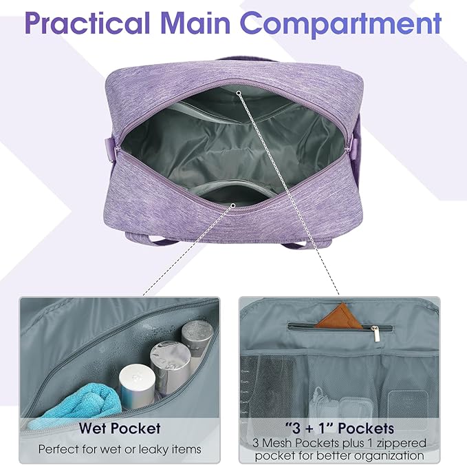 Narwey 18" Carry on Bag Underseat for Airplane with Wet Pocket Spirit Airlines Personal Item Bag Travel Duffel Bag Small Gym Bag Weekender Overnight for Women and Men (Purple)