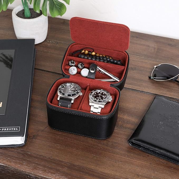 ROTHWELL 2 Watch Travel Case Storage Organizer for 2 Watches | Tough Portable Protection w/Zipper Fits All Wristwatches & Smart Watches Up to 50mm (Black/Red)