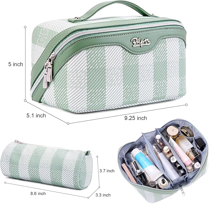 BOYATU Makeup Bag Travel Cosmetic Bag: 3 Pcs Set Portable Make up Bags for Women with Handle - Waterproof Vegan Leather Toiletry Organizer Bags with Comparments (F-02-Green)