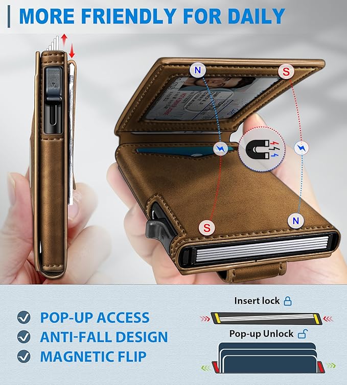 Airtag Wallet for Men,with Money Clip Gift Boxed,Slim Front Pocket Wallet RFID Blocking Metal Case Smart Pop-up Credit Card Holder in Magnetic Leather Flip
