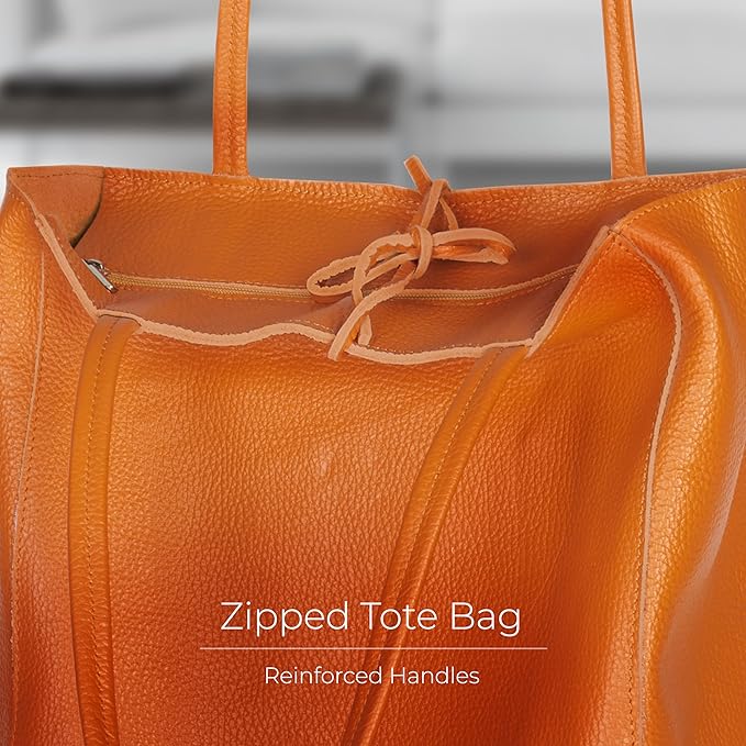 Italian Calf Leather Tote for Women with Zipper, Inner Pocket & Flat Base | Soft Unlined Shopper for Work & Travel
