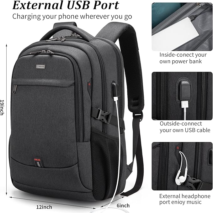 DUSLANG 17 Inch Laptop Backpack for Travel Water Resistant College Backpack for Men/Women Laptop Bag with USB Charging Port and Flower Keychain for backpack, Black
