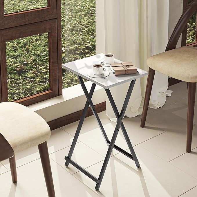 Foldable TV Trays, Small Folding Table, TV Trays Set of 2, TV Dinner Tray, Side Table for Bed, Couch, Portable Easy to Move, White