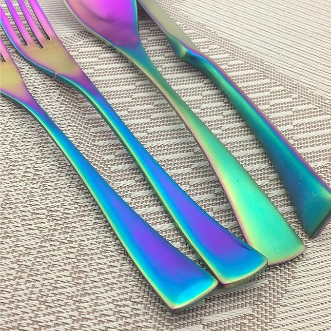 Rainbow Silverware Set, 6-Piece Stainless Steel Flatware Set Service for 1, Tableware Cutlery Set for Home and Restaurant, Knives Forks Spoons, Matte Finish, Dishwasher Safe (Rainbow)