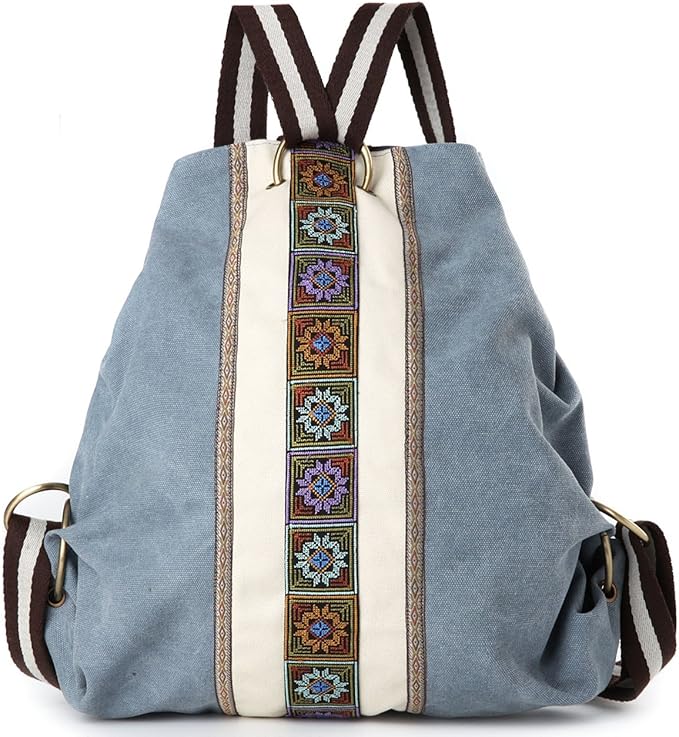 Goodhan Women Canvas Backpack Daypack Casual Shoulder Bag, Vintage Heavy-duty Anti-theft Travel Backpack (Blue Grey)