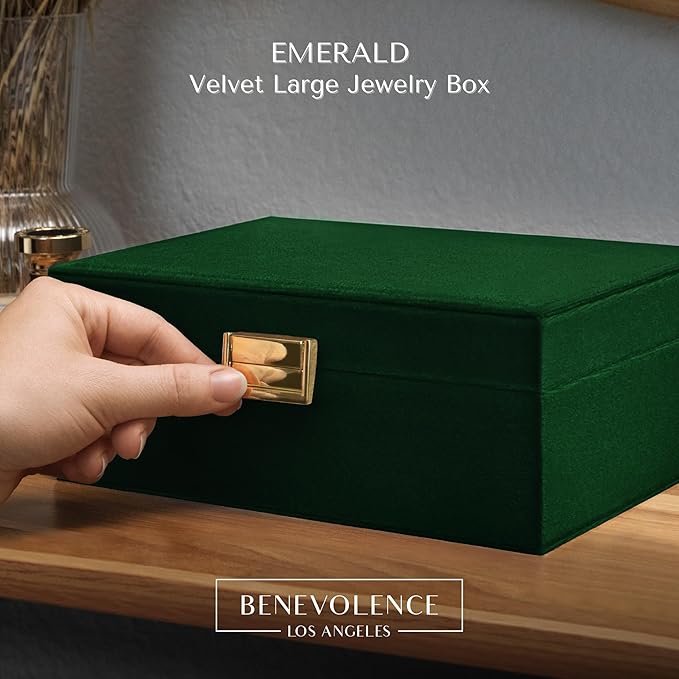 Benevolence LA 2 Layer Jewelry Box for Women, Large Velvet Jewelry Organizer with Decorative Lock, Removable Jewelry Tray, Earrings, Bracelets, Rings and Necklace Storage Box - Emerald